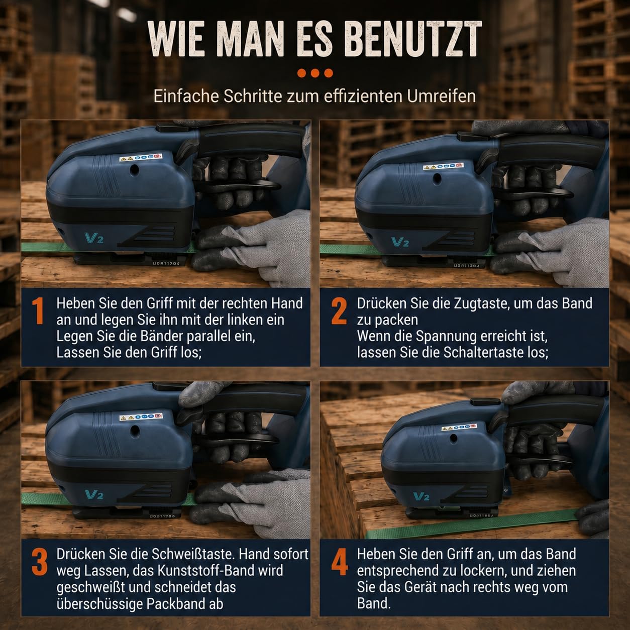 V2 Akku Umreifungsgerät für PP & PET Band 13–16 mm – Elektrisches Hand Umreifungsgerät mit 2x 4000 mAh Akku, 3200 N Spannkraft, Halbautomatische Verpackungsmaschine