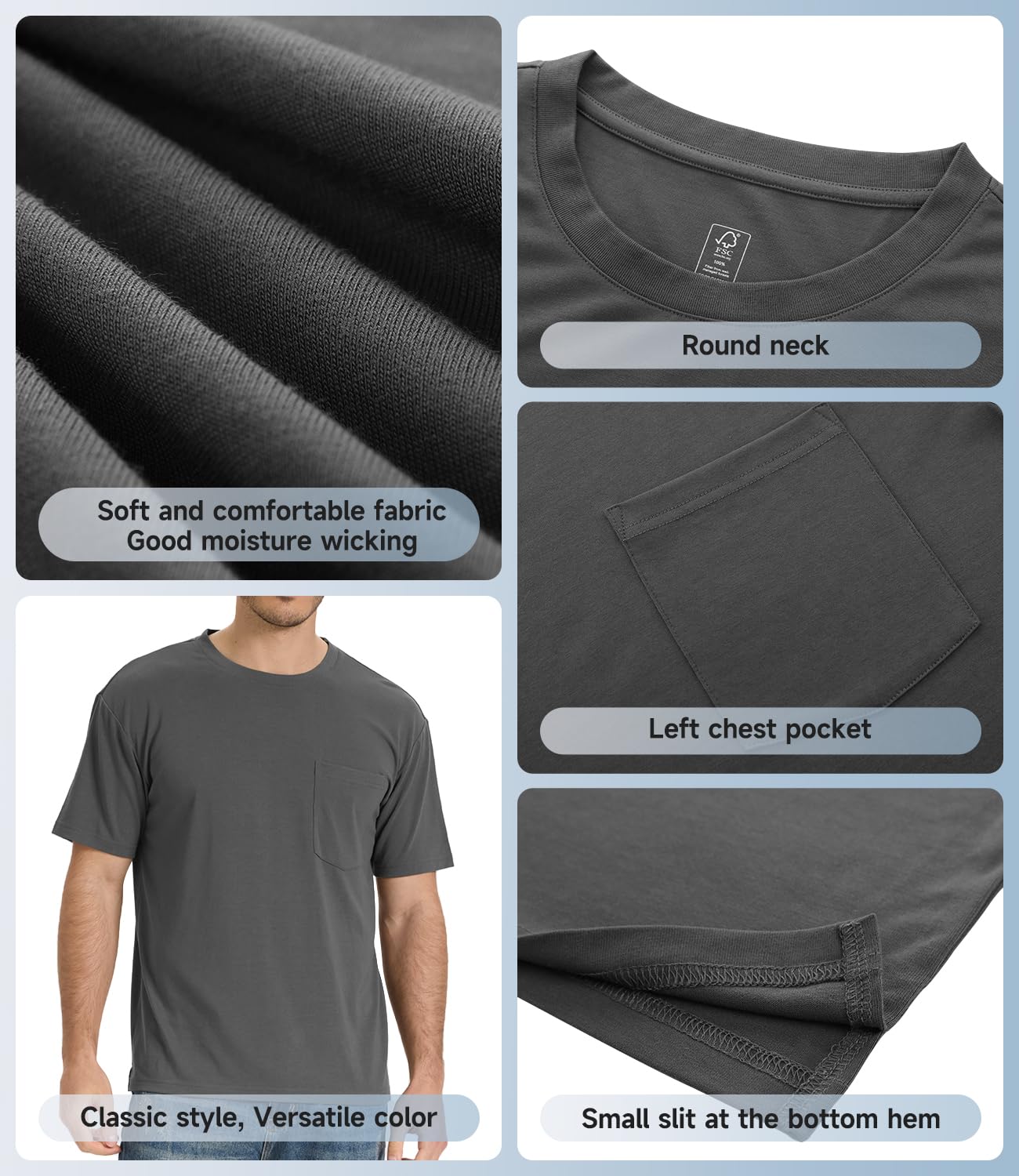 BAMBOO COOL Camisetas de bolsillo para hombre, pesadas, absorben la humedad, cuello redondo, camisetas de manga corta