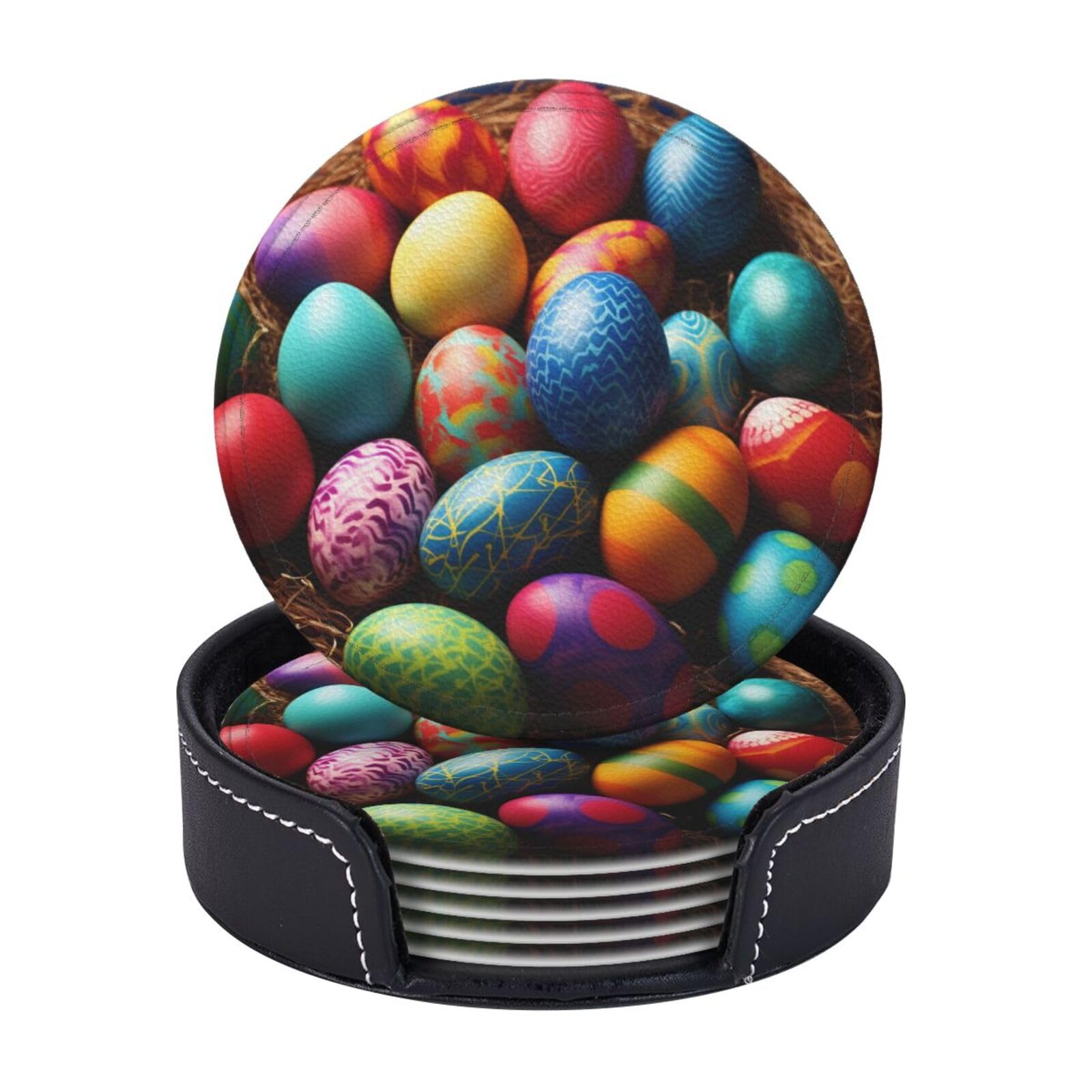 Drink Coasters Set of 6 Coffee Leather Coaster with Holder Easter Day Colorful Eggs Coasters for Drinks Coffee Cup Mat Heat Resistant Tabletop Protection Coaster Desk Accessorie Home Decorative