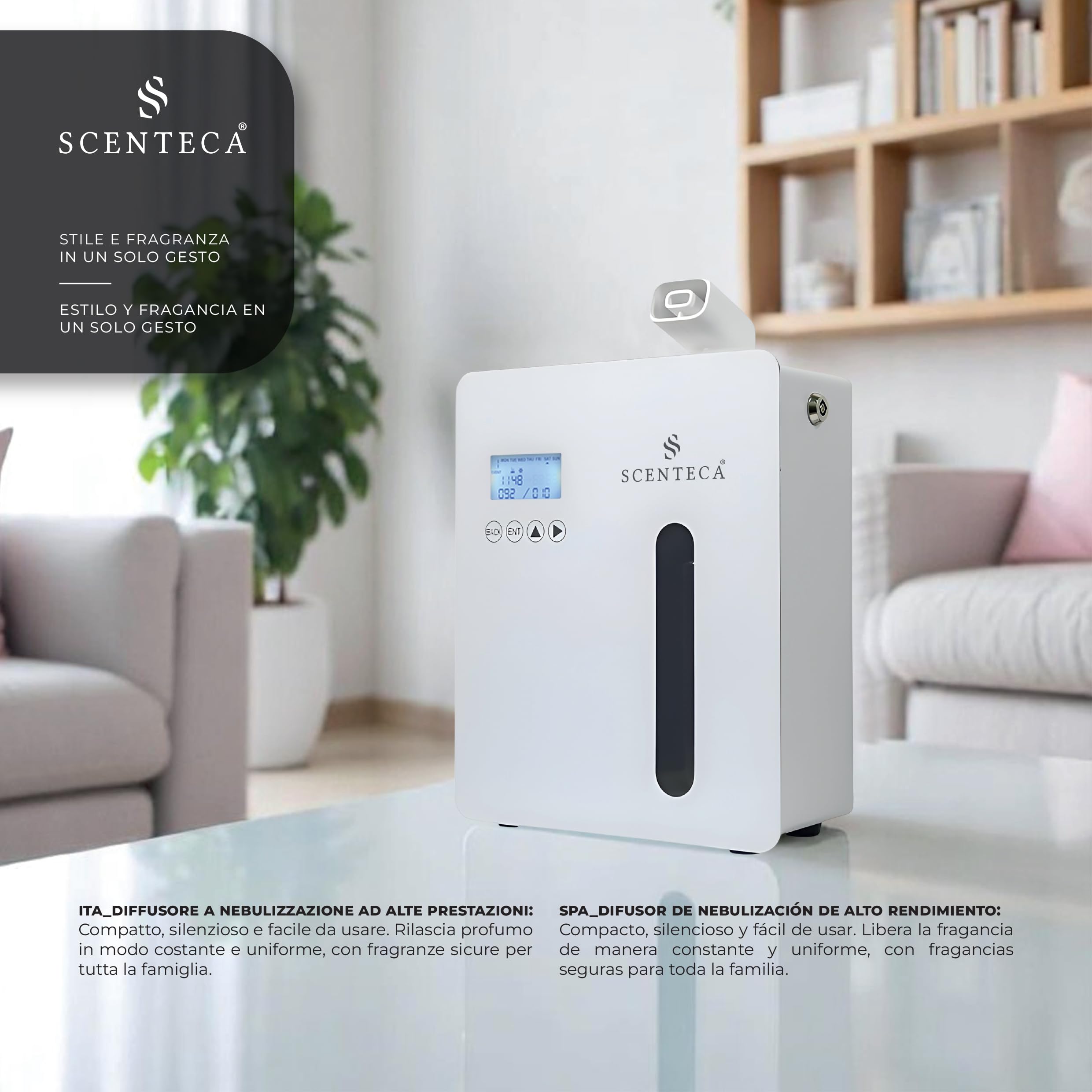 SCENTECA Difusor eléctrico de aceites Esenciales Mod. AD-P5, con Fragancia Té Blanco y Flores de Primavera incluida, nebulización sin Agua, Cobertura hasta 150 m², para casa y Oficina (100 ml)
