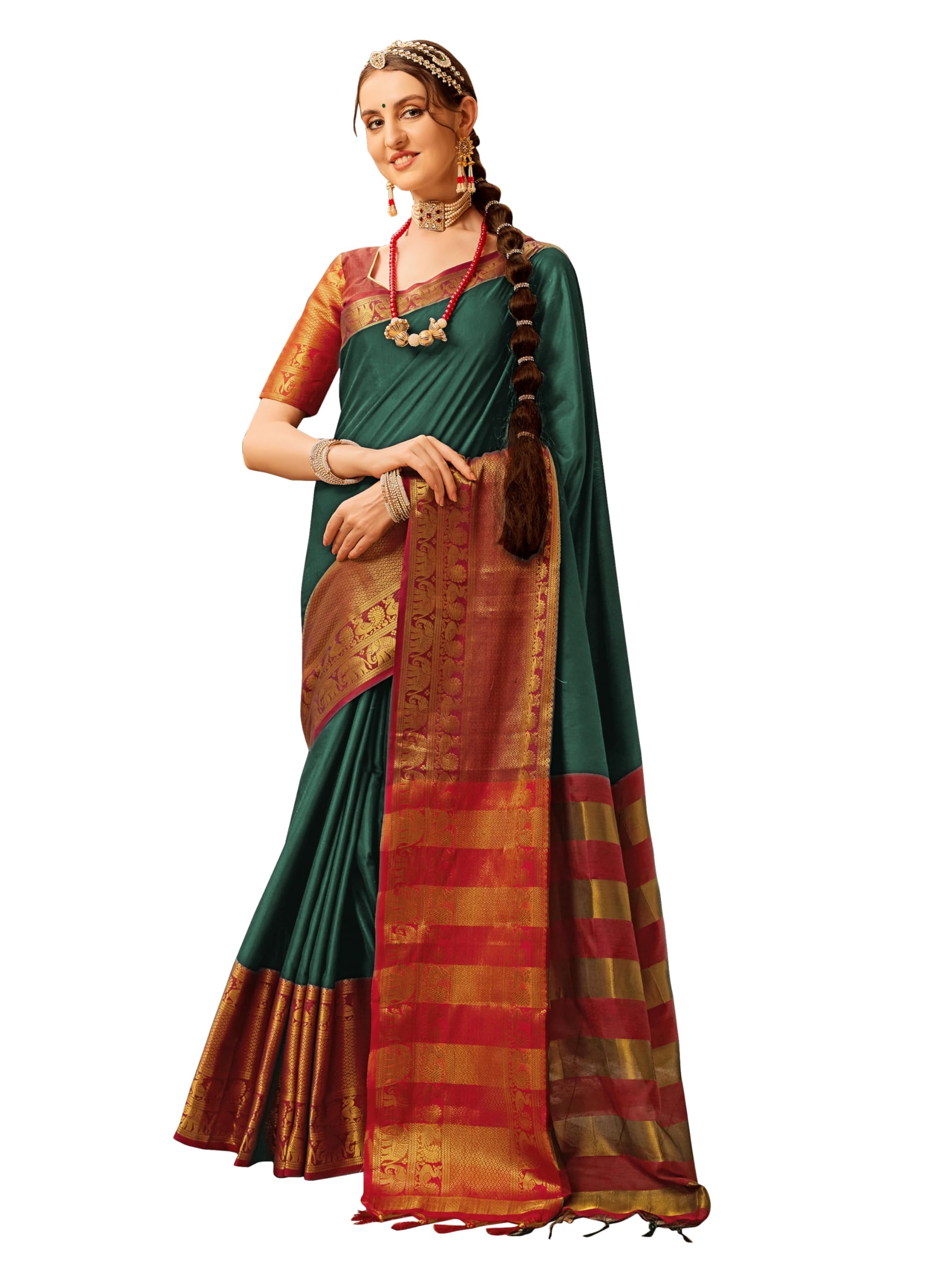 EthnicJunctionWomen's Silk Blend Kanchipuram Saree With Blouse Piece