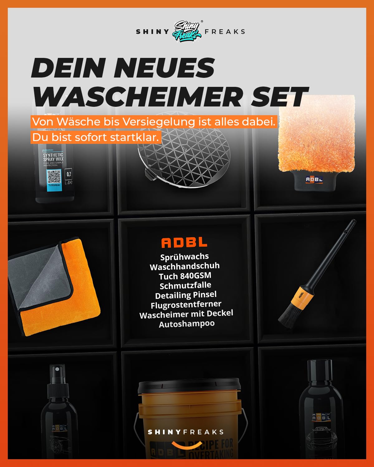 Auto Waschset: ADBL Wascheimer Set (13L | gold) + Grit & Deckel für die Auto Handwäsche - schonende Reinigung, Pflege & Versiegelung von Lack und Felgen - Autopflege, waschen | 10-teilig