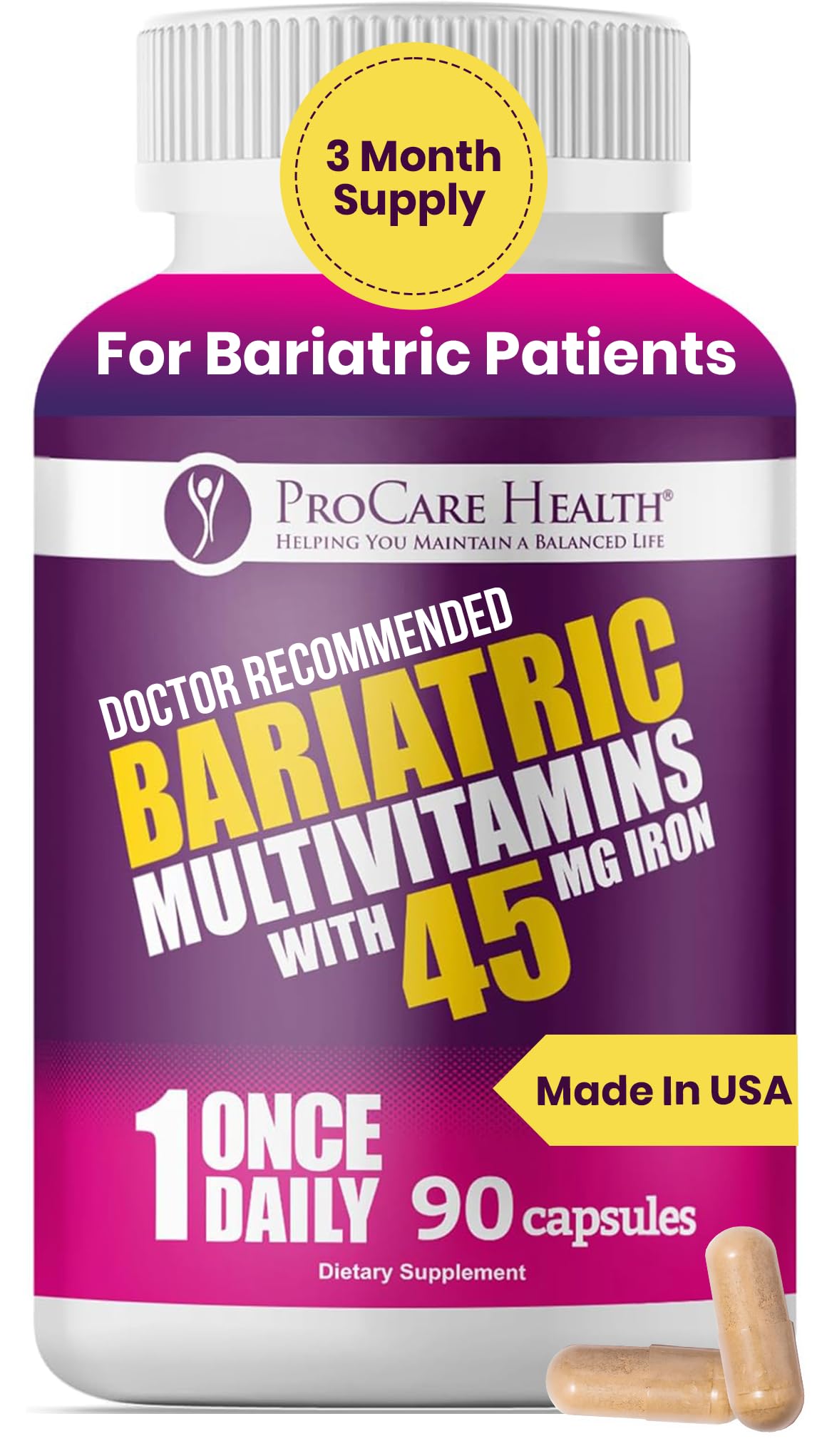 Bariatric Multivitamin 45mg Iron – Once Daily Capsule for Gastric Bypass, Sleeve & Post-Op Support – 90 Easy-to-Swallow Capsules, 3-Month Supply, No Artificial Colors, Gluten-Free