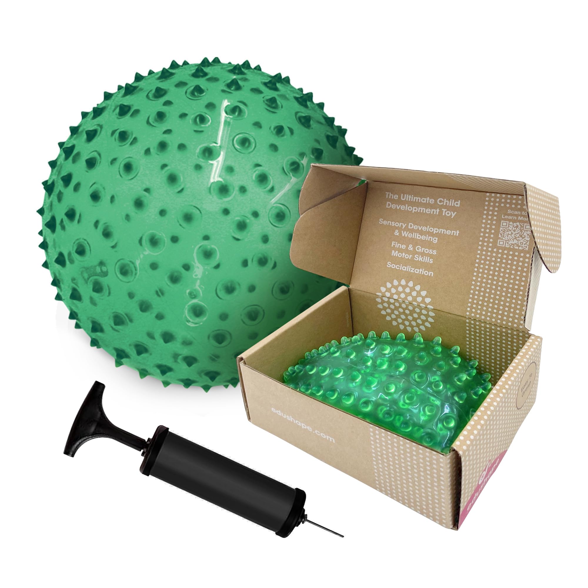 Edushape The Original Sensory Ball for Baby - 7" Deflated with Pump Transparent Green Color Baby Ball That Helps Enhance Gross Motor Skills for Kids Aged 6 Months & Up - Colorful Unique Toddler Ball