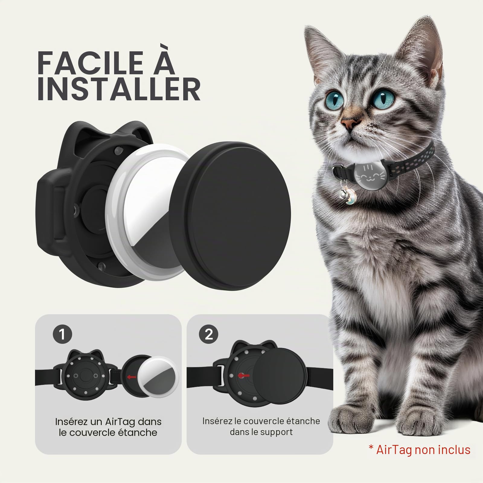 Collier étanche pour Chat Airtag avec Motif de Poisson Lumineux et réfléchissant, Collier léger pour Apple Air Tag, Support de Suivi GPS caché pour Chats, Chatons (22,9 à 33 cm)