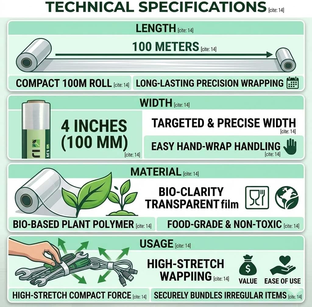 IJI 4-Inch Stretch Film Roll for Packing (100 Meters) – Plant-Based Multi-Purpose Wrap Roll – Heavy Duty Packing Material for Moving, Shipping & Household Use (White)