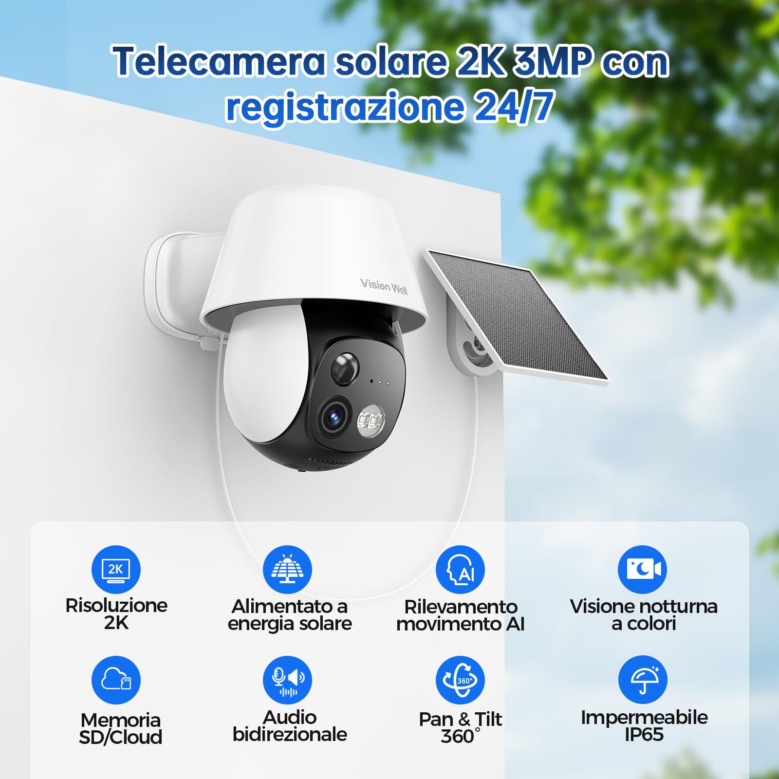 Telecamera Wi-Fi Esterno Solare Senza Fili 2K (3MP) - Videocamera Sorveglianza PTZ 360° Visione Notturna a Colori, Rilevamento Umano PIR, Sirena e Faretto, Audio Bidirezionale, Impermeabile IP65