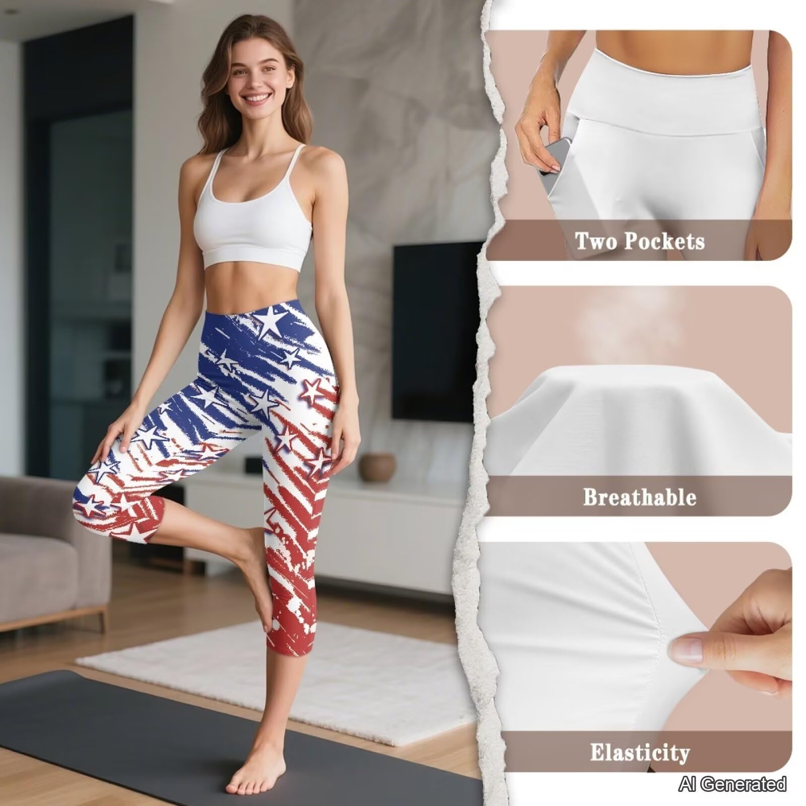 Legging de yoga capri taille haute avec poches pour femme - Contrôle du ventre - Pour entraînement et course à pied - Grande taille
