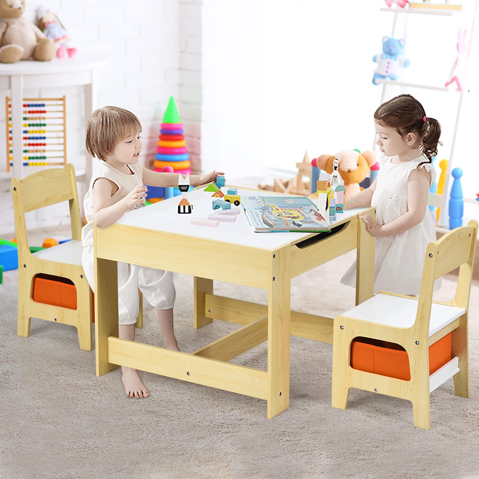 GOPLUS Juego de Mesa y 2 Sillas Infantil 3 en 1, Grupo de Asientos y Escritorio con Pizarra para Niños, Mueble Infantil con Cajon de Almacenamiento Que Ahorra Espacio, Madera, Naranja (Naranja)