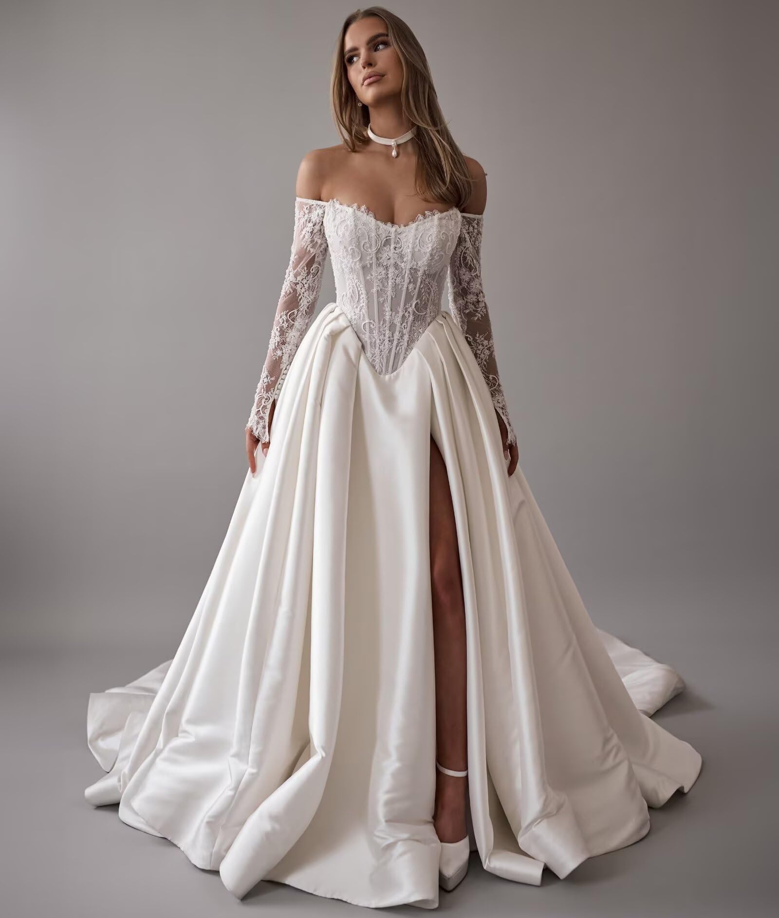 HUINI Schulterfreies Satin Hochzeitskleid für die Braut mit Langen Ärmeln A-Linien Spitzenapplikation Brautkleid und Schleppe