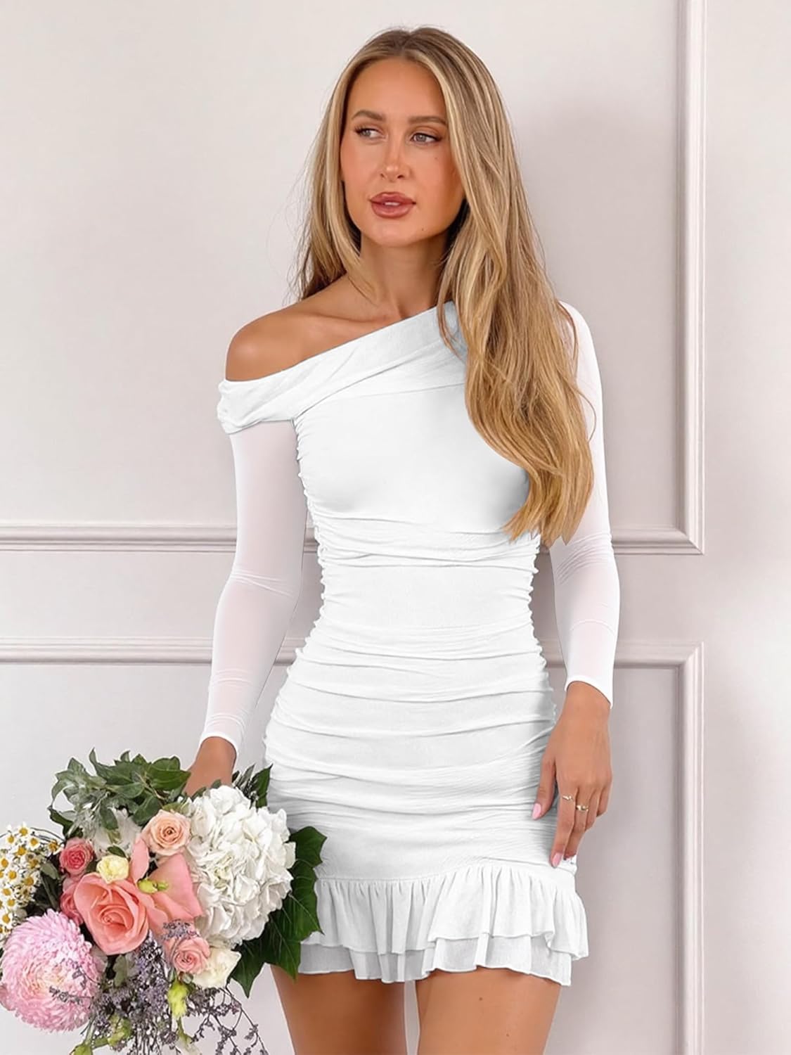 HOCILLE Women's Sexy Bodycon One Shoulder Mini Dresses Long Sleeve Ruched Ruffle Hem Club Party Short Dress - Image 3