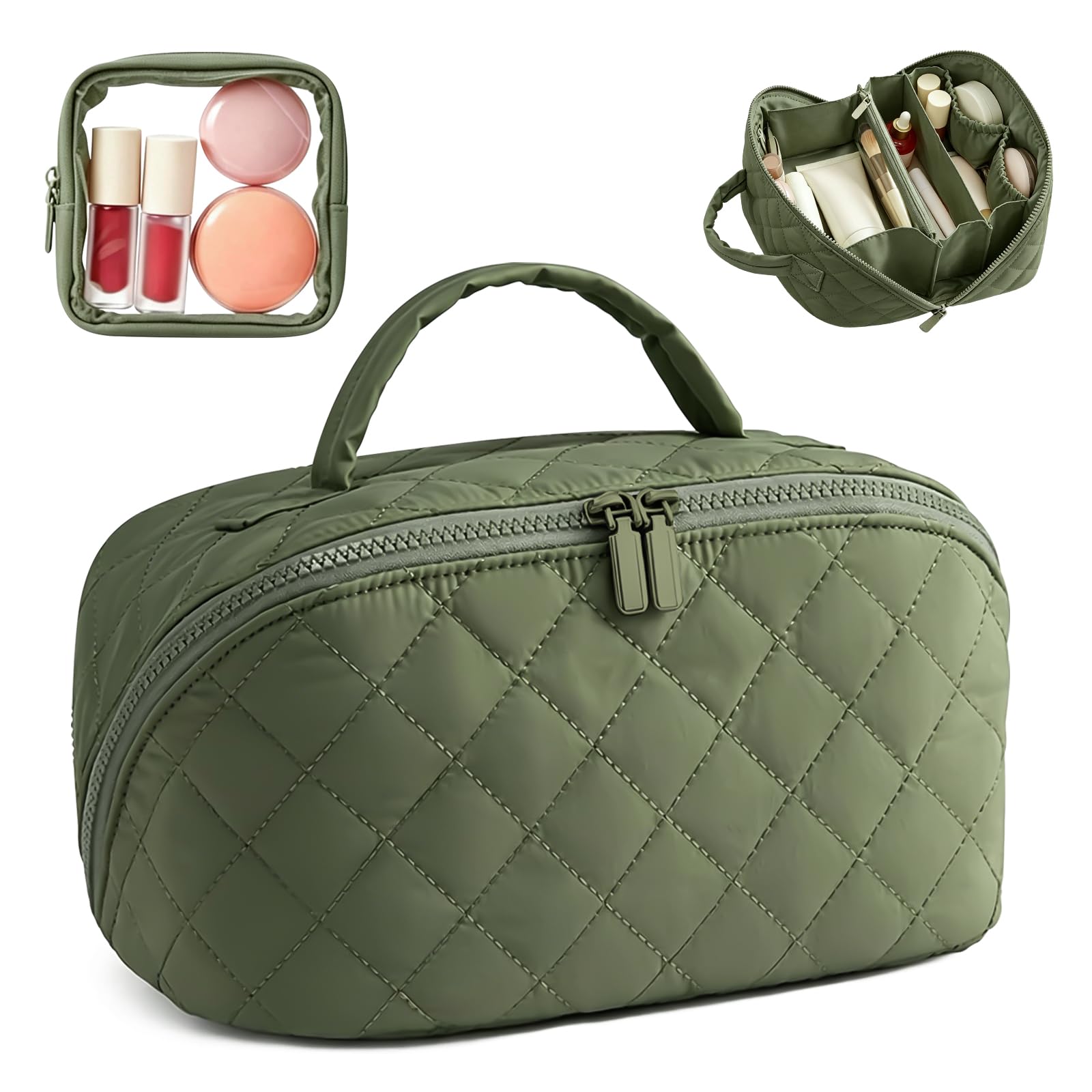 Beauty case da donna con apertura a 180° e scomparti organizer, grande capacità beauty case e trousse da viaggio, verde