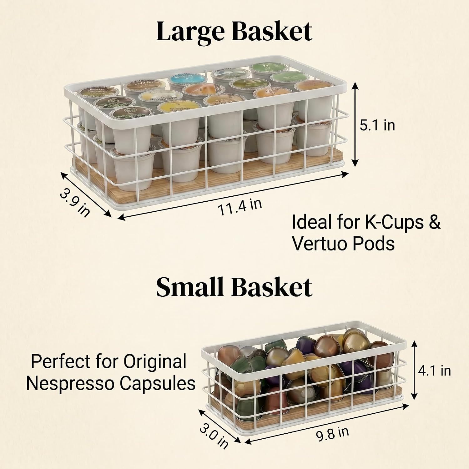 2-Pack White Coffee Pod Holder Basket with Wooden Base - Minimalist Cpffee Pod Organizer for Coffee Station, High-Capacity Wire Capsule Storage for Kitchen Countertop Office