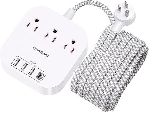 Miniatura 11 de Extensión de corriente con USB C, 3 tomas de corriente, 4 puertos USB (22.5 W/4.5 A), estación de carga de escritorio, enchufe plano, cable de Negro