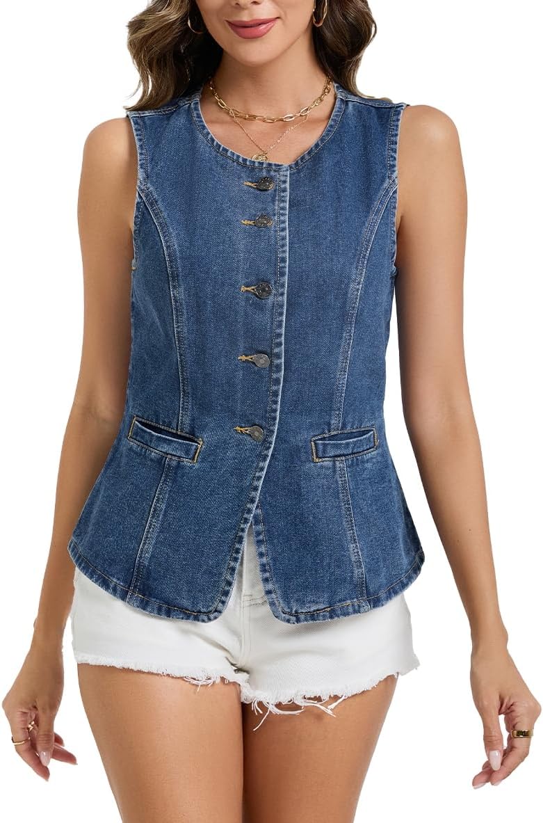 Denim Vest Top for Women Sleeveless Blazer Jean Vest Button Down Crewneck Waistcoat Tank Top