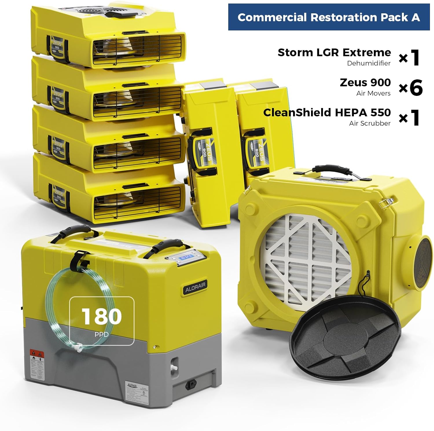 ALORAIR1 x Commercial Dehumidifier, 6 x Air Movers and 1x Air Scrubber Combo Package Deals, Water Damage Restoration Equipment, Yellow