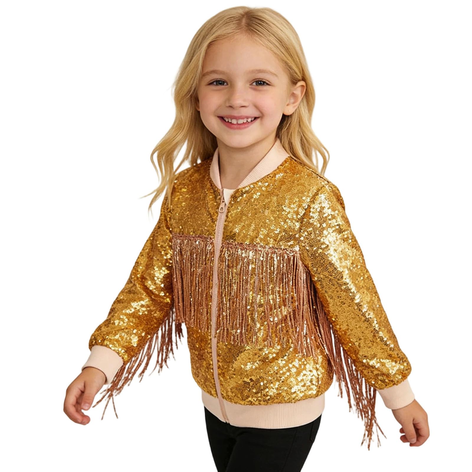 Ragazze Nappe Giacche con paillettes per bambini, bomber con brillantini, capispalla a maniche lunghe, abbigliamento di compleanno, casual, cappotti invernali per bambini