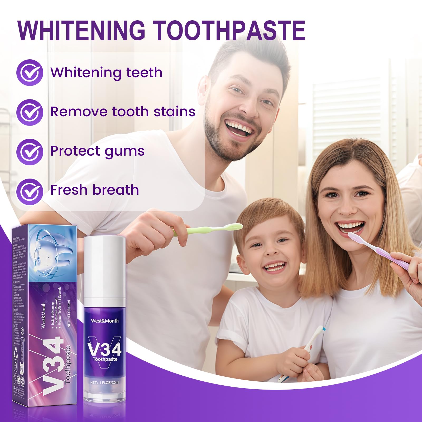 30ml Pasta de Dientes Púrpura Blanqueadora, Pasta Blanqueadora, Dientes Limpios y Brillantes, Proporciona un Blanqueamiento Suave y una Limpieza Eficaz, para una Sonrisa Más Blanca y Luminosa — view 6