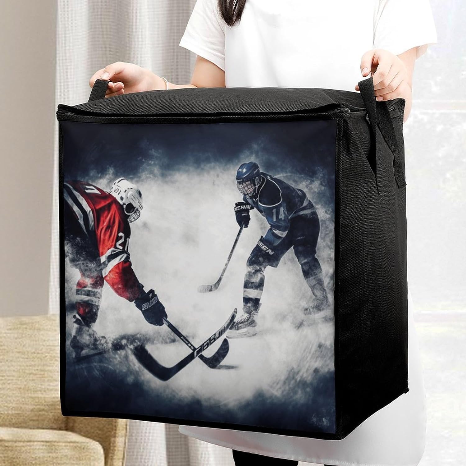 Ice Hockey Art Storage Bag with Zippers And Handle Extra Large Bedding Comforter Storage Bag Foldable Blanket Storage Bags Fabric Moving Bags for Closet Organizer (70L)