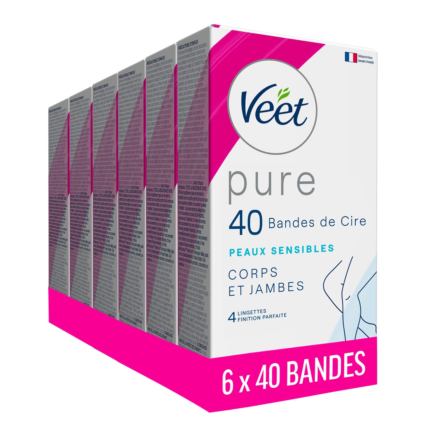 Veet PURE - 240 Bandes de Cire Froide Corps et Jambes - Peaux Sensibles - Recommandés par les Dermatologues - Epilation Longue Durée - Lot de 6x40 bandes