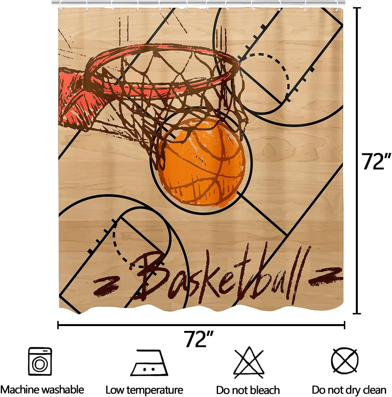 Peopleareok Basketball Shower Curtain for Boys, Basketball Boys Theme Sports Shower Curtain Mens Waterproof Polyester Bathroom Home Decor Set with 12 Hooks, 72" W x 72" L
