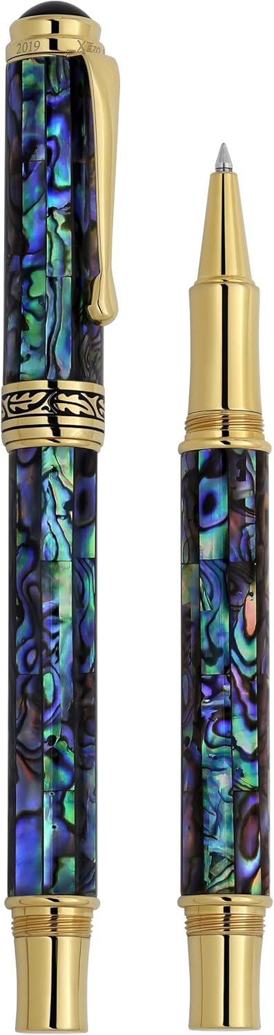 Xezo Maestro Fine Point Executive Rollerball Pen, Iridescent Paua Sea Shell, 18 Karat Gold Plating. Handmade Gift, Limited Edition, Serialized. No Two Alike