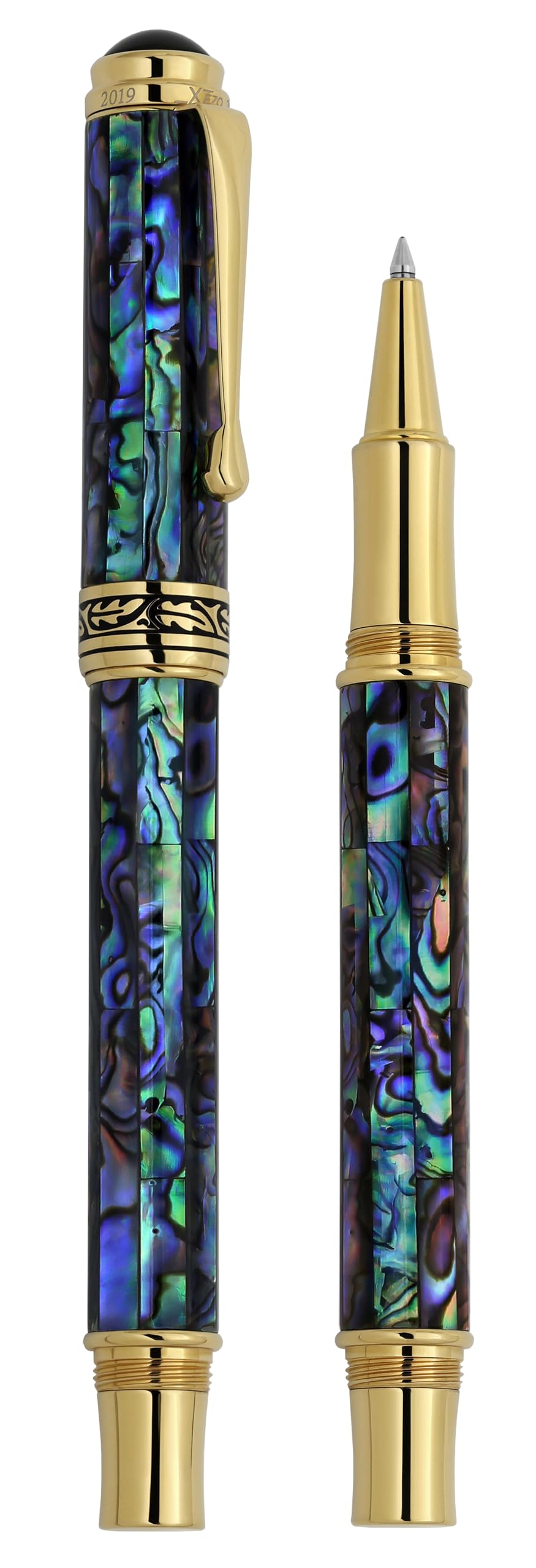 Xezo Stylo roller à pointe fine Maestro, coquillage Paua irisé et plaqué or 18 carats. Fabriqué à la main, édition limitée, sérialisé. Il n'y en a pas deux pareils