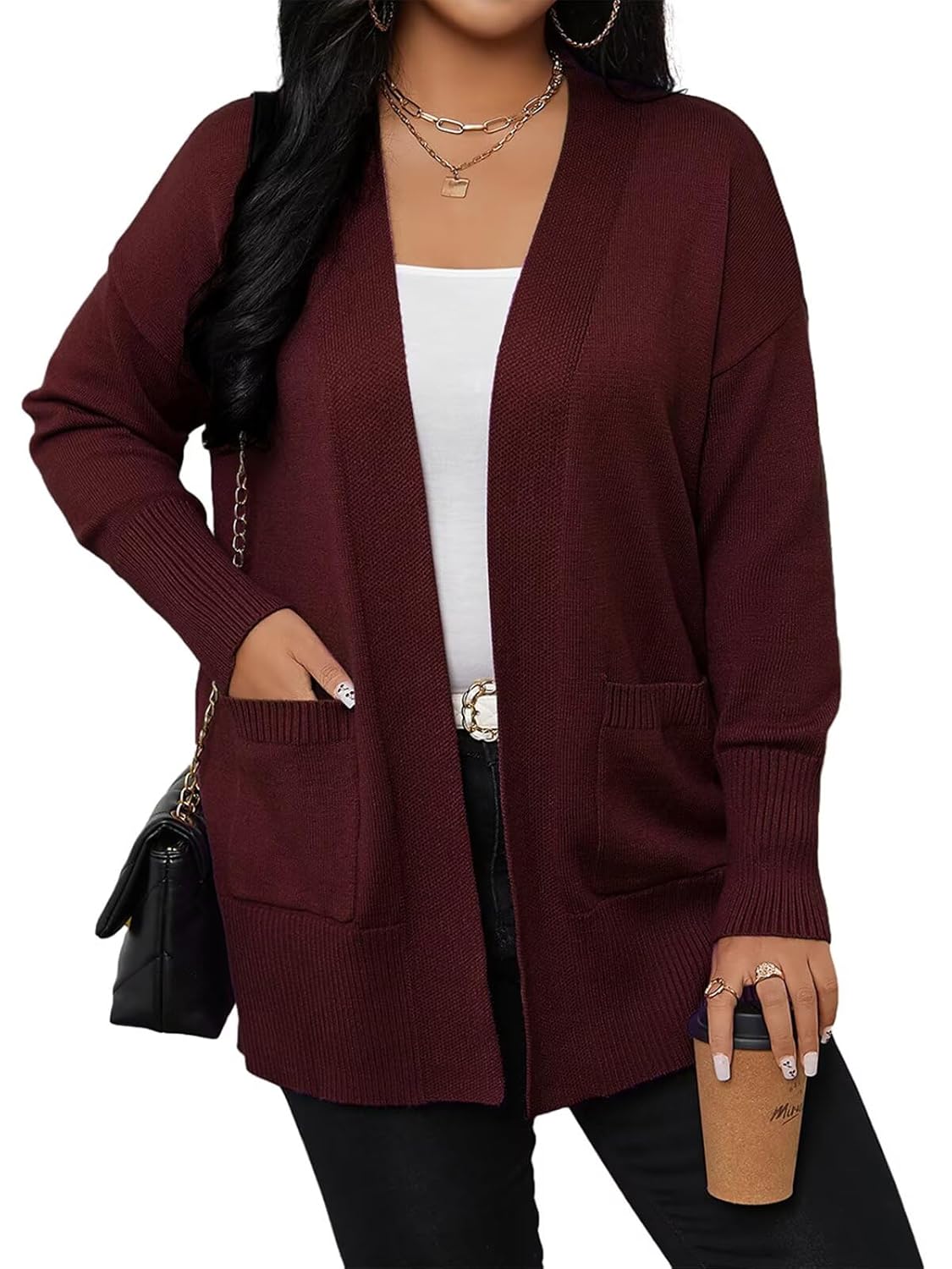 Womens Cardigan Sweaters Plus Size Open Front Long Sleeve Cardigan with Pockets for Women Lightweight Trendy 1X-5X