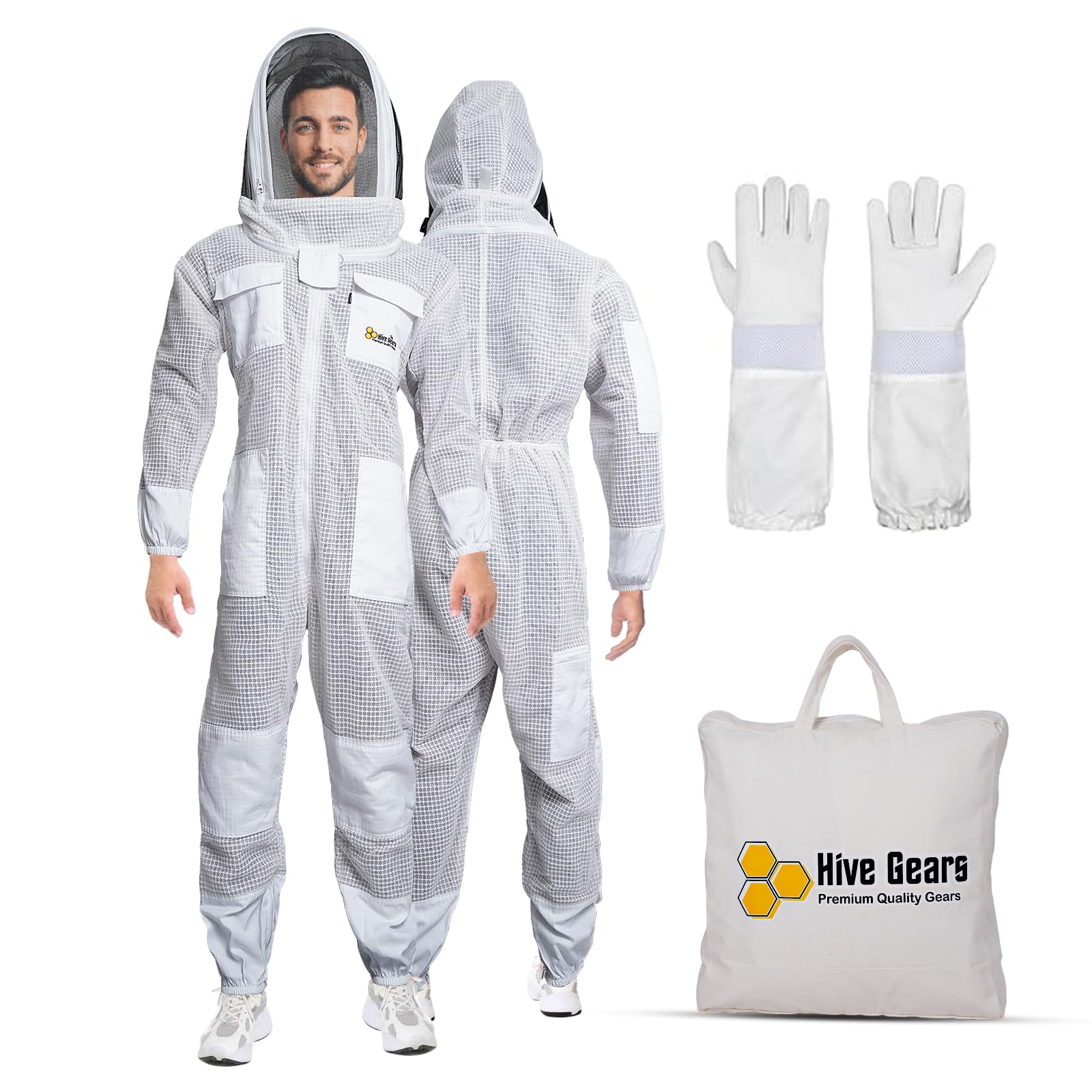 Tuta professionale a 3 strati per apicoltura da uomo e donna, con cappuccio ventilato anti-puntura, colore bianco, a 3 strati, con guanti in pelle