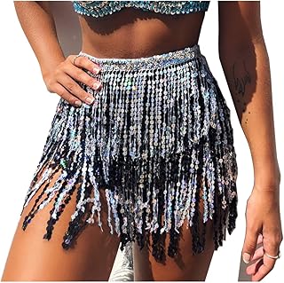 Wuchieal Belly Dance Skirt Hip Scarf Dance Hip Belt Latin Dance Hula Hip Scarf (Silver&Black)