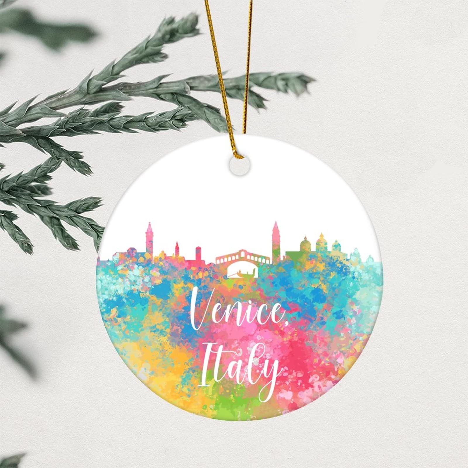 Venice Skyline Italy Christmas Ornament Watercolour City Souvenir Round Keepsake Holiday Themed 3.2 Inch with Gold String New Homeowner Gift Ideas Ceramic Housewarming Gift