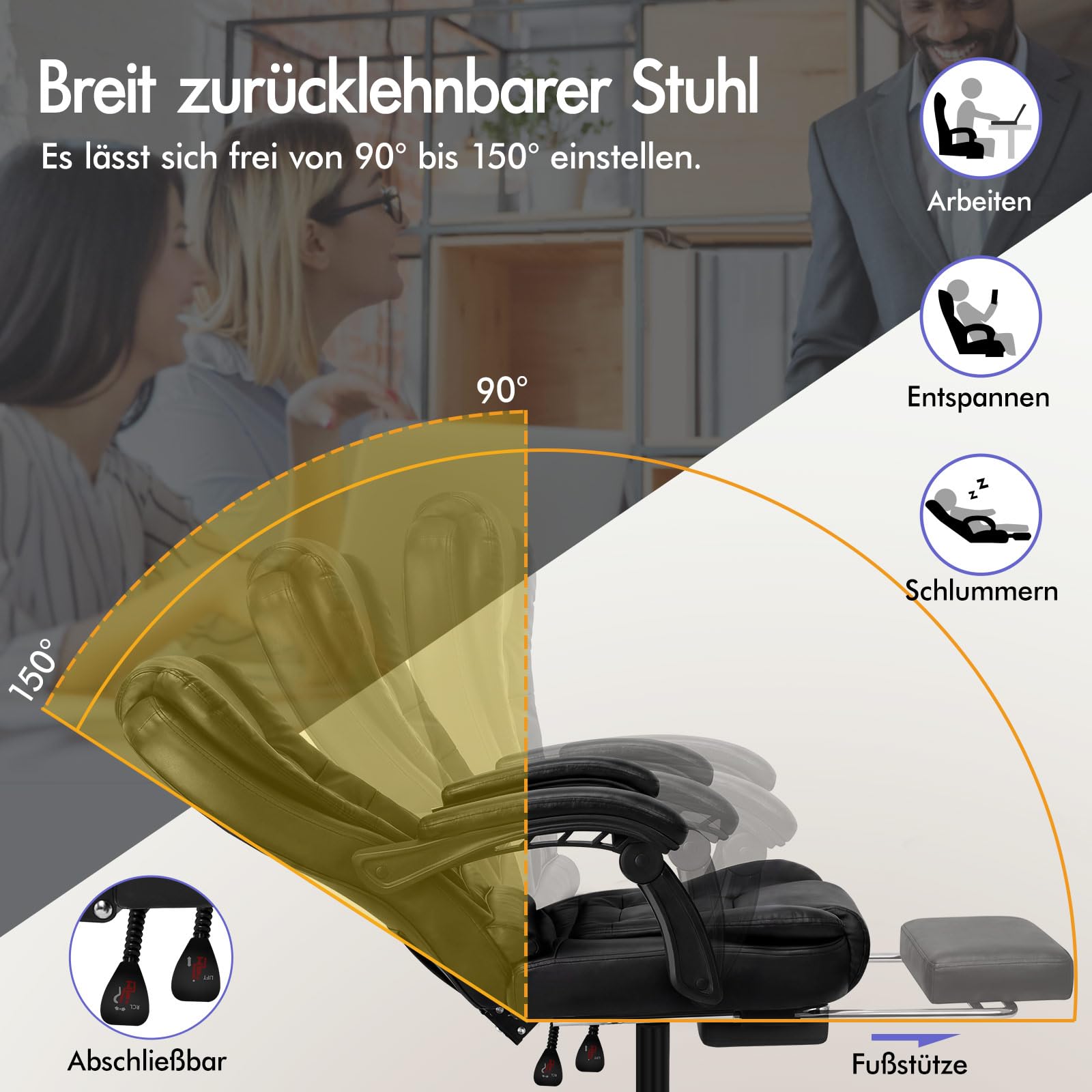ALFORDSON Chefsessel Bürostuhl Massage Schreibtischstuhl 150°-Neigung, Computerdrehstuhl, ergonomischer Drehstuhl Ausziehbare Fußstütze, höhenverstellbarer,belastbar 180 kg, PU-Leder, Schwarz