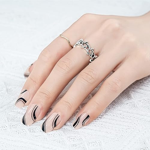 LADYING Juego de 24 uñas postizas a presión, almendras y cuadradas, diseño mediano con pestañas adhesivas, lima de uñas para mujer