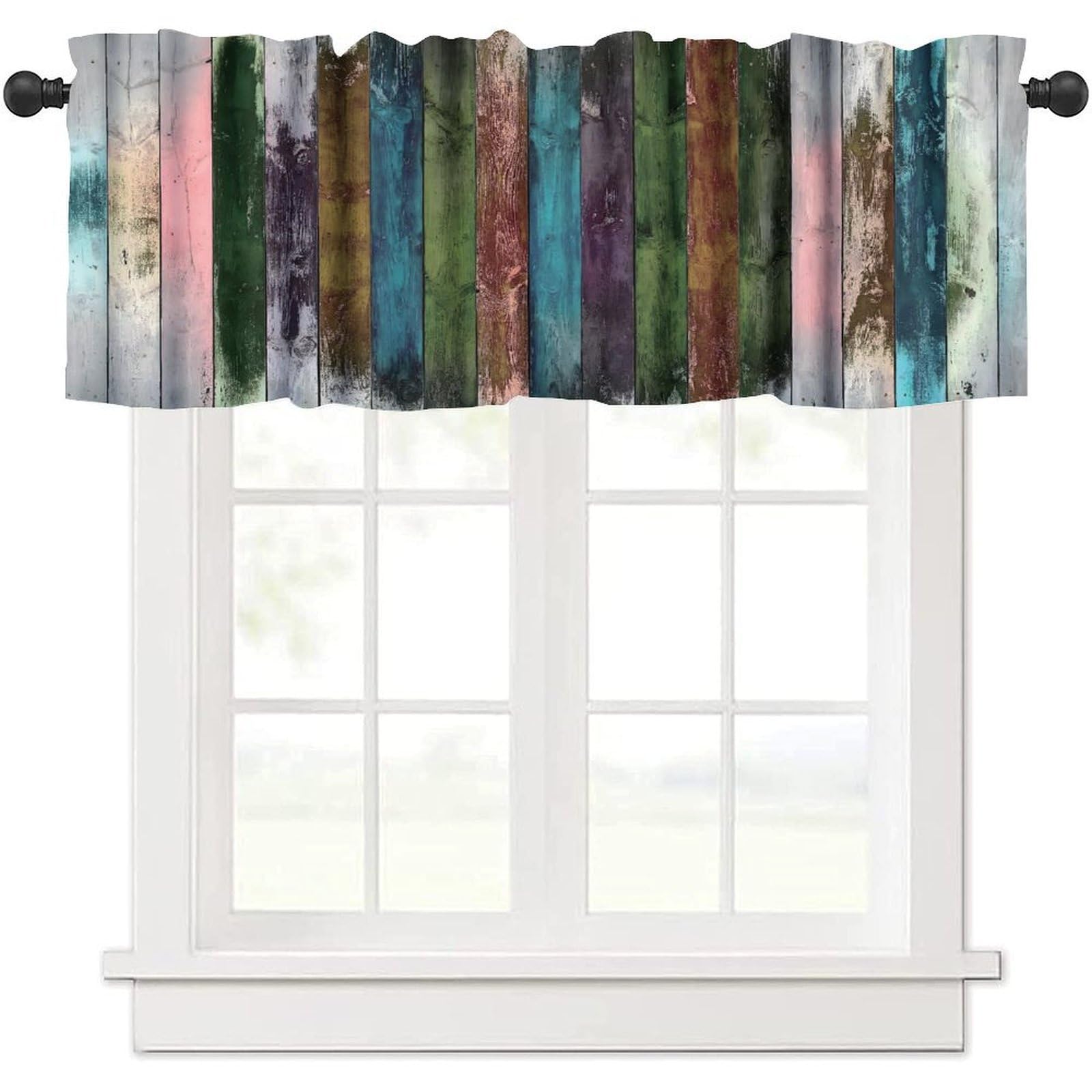 moderw Rustic Barn Valance Curtain, Retro Colorful Wood Board Grunge Window Treatment Valance for Farmhouse Home Living Dining Room Kitchen Canteens Café Décor 54x18inch
