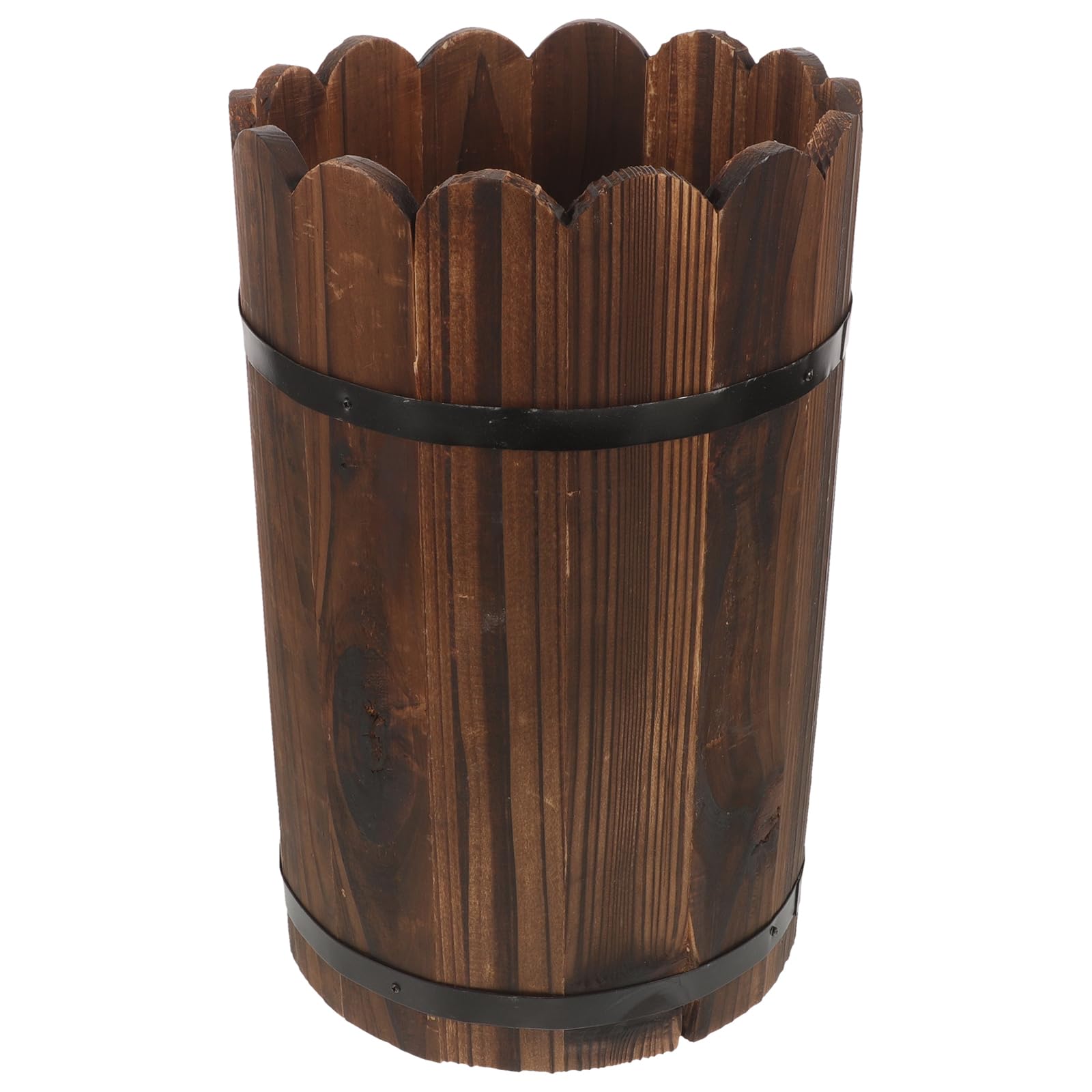Happyyami Retro Flower Bucket Handmade Carbonized Wooden Planter Kettle Decorative Flower Container for Home Office Shop Display Large 12.60X8.27X8.27In