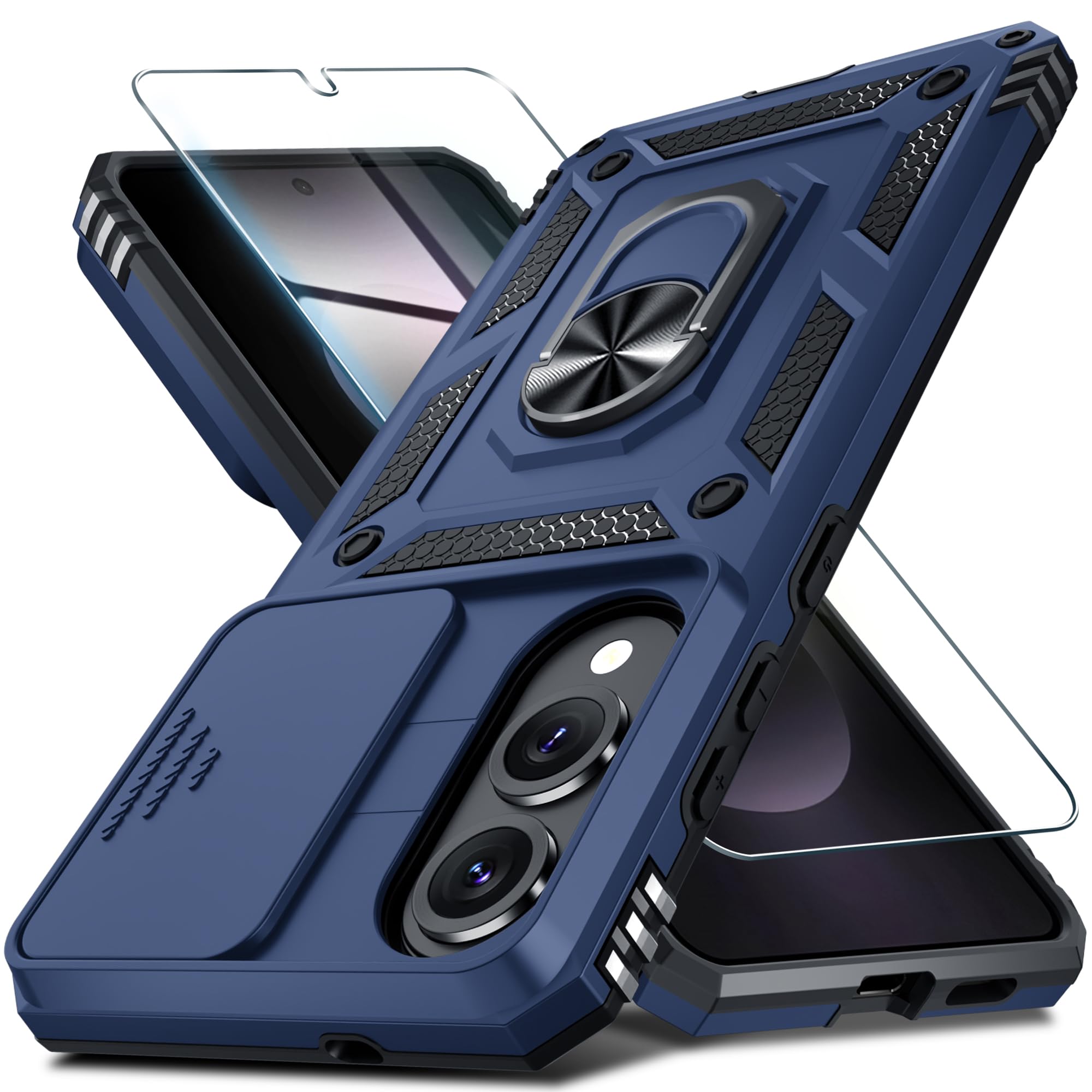 Janmitta for Samsung Galaxy S25 Edge Case Built in Slide Camera Cover,Blue | with Tempered Glass Screen Protector+Finger Ring Holder Kickstand,Heavy Duty Shockproof Full Body Phone Cover for Samusng S25 Edge Blue