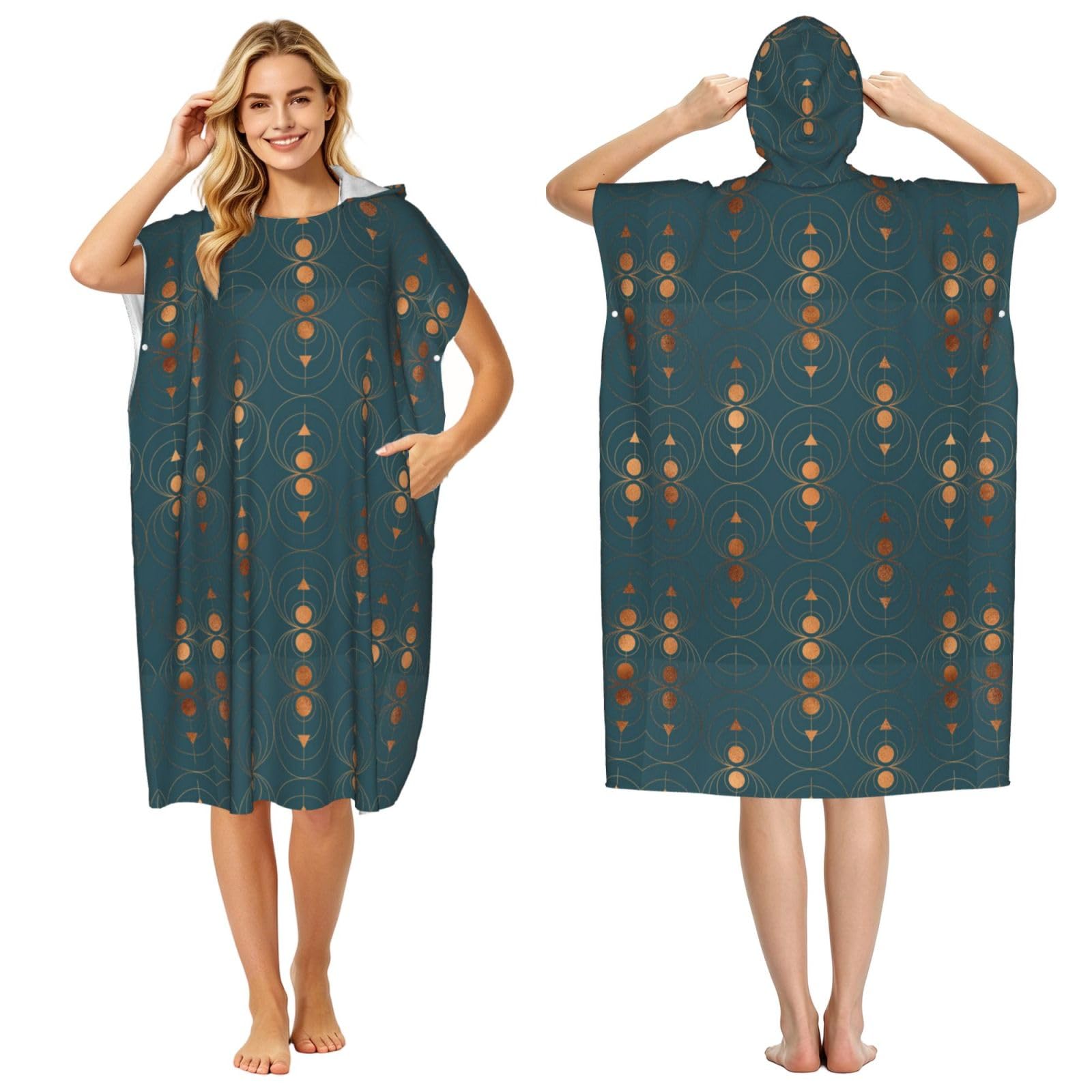 Poadnly Copper Art Deco On Emerald, Adult Hooded Beach Towel 90 x 110 cm,Changing Bath Robe, Surf Poncho Towel For Women Men