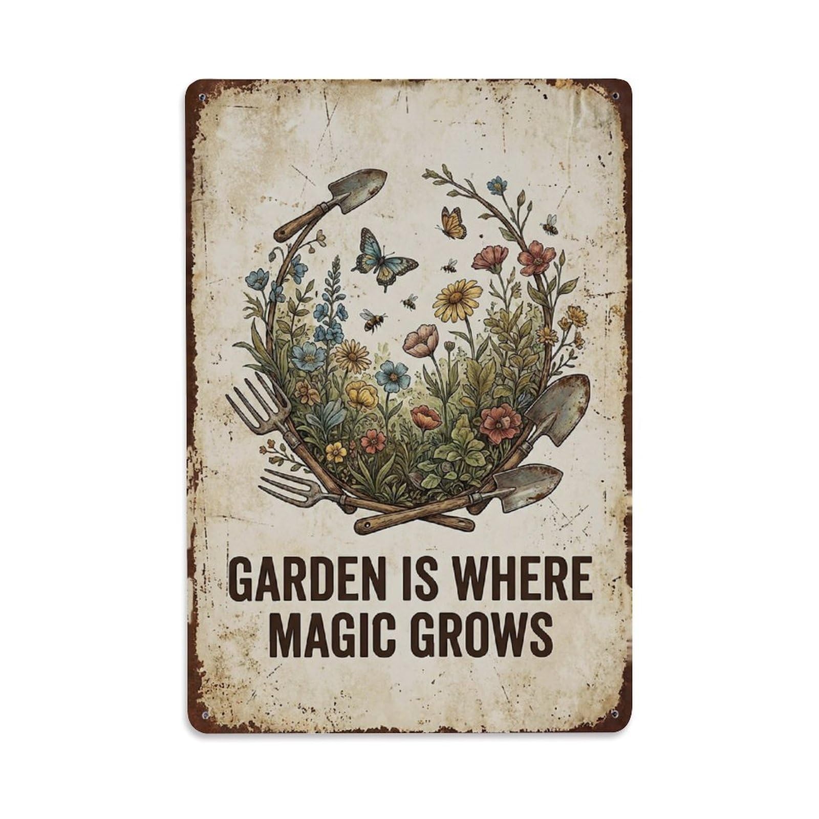 Comic Botanical Nature Quote Where Magic Grows Vintage Metal Tin Sign Plaque Wall Decor for Cafe, Man Cave, Club Bar, Office, Home Garden Round Metal Poster 8x12Inch