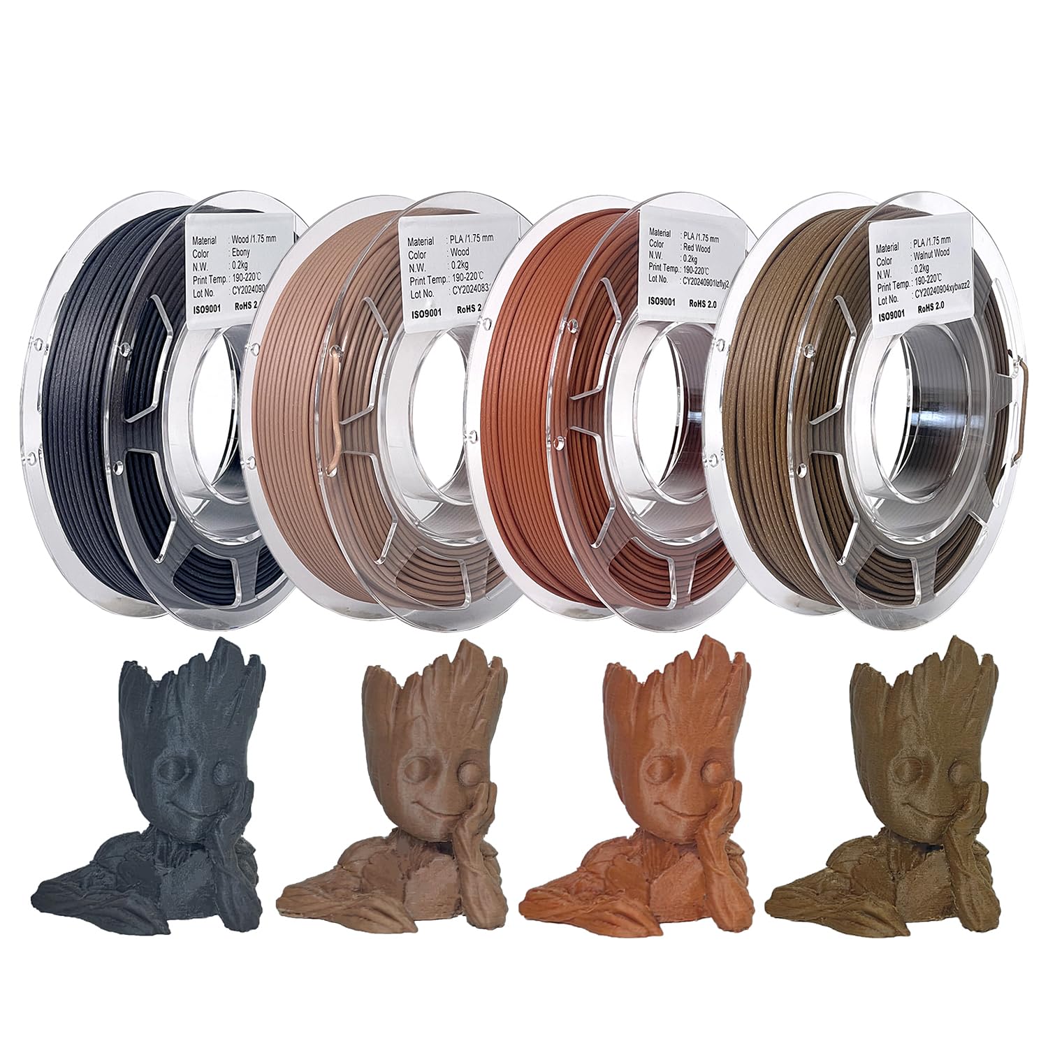 GolGeo Wood PLA 3D Printing Filament Bundle 1.75mm PLA Sets,Back to Nature Series,More Than 30% Real Wood Fiber (Walnut&Redwood&Wood&Ebony, 4 x 200g