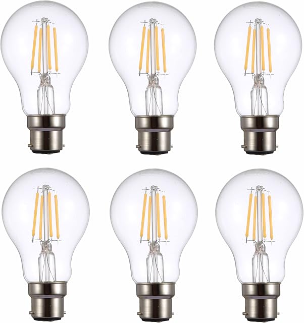TEKLED® A60 Filament Vintage LED Bulbs | B22 Bayonet Cap | Energy Saving 4W Light Bulb 40W Equivalent | NONDIMMABLE Clear 2700K 400LM | 6-Pack | Warm White