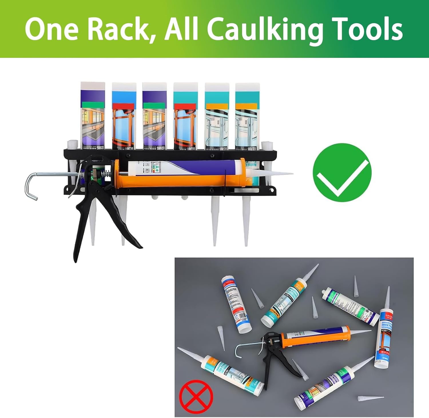 Wall-Mounted Caulk Gun & Tube Rack, 6-Hole Sealant Organizer with Horizontal Base, Work Truck Van Storage Organizer, Holds Caulk Gun, Sealant Tubes & Nozzles (16.54x4.33x4.33 Inches)