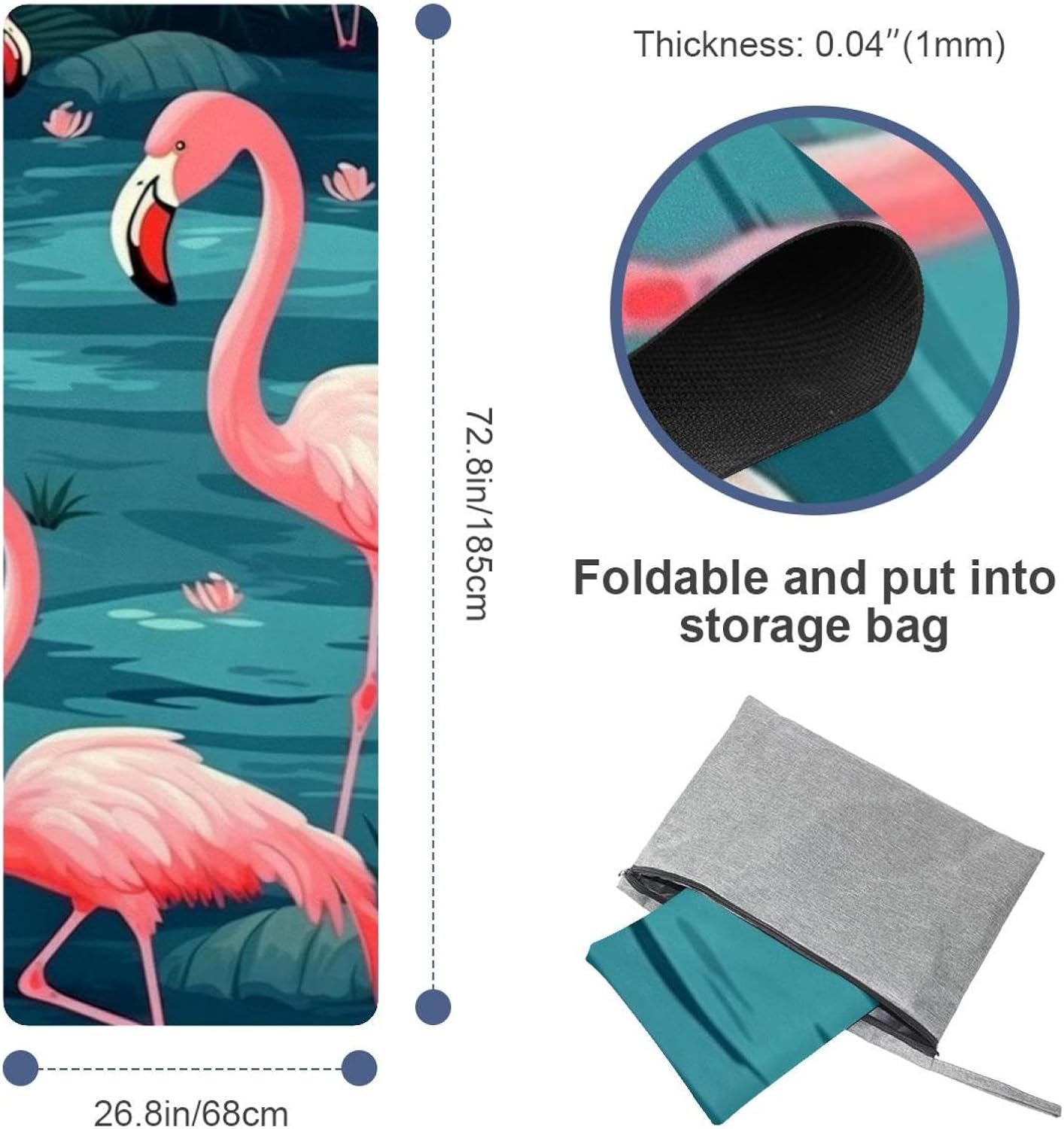 Yoga Towel, Tropical Flamingo Pattern Non Slip Sweat Absorbent Hot Yoga Mat Towel for Hot Yoga, Pilates and Fitness - 72.8" x 26.8"