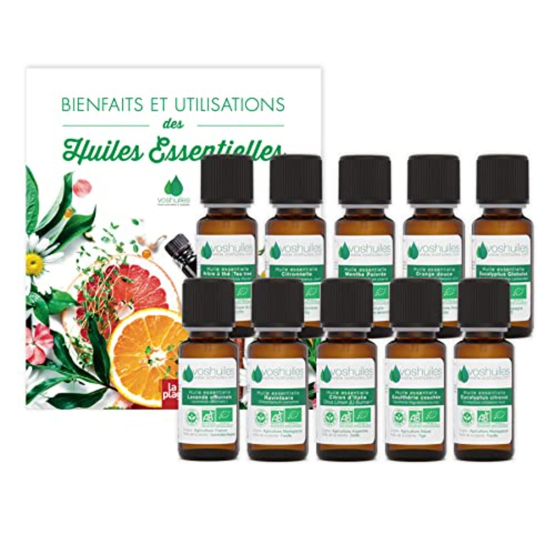 Pack Découverte 10 Huiles Essentielles Bio + Livre 200 Remèdes aux Huiles Essentielles - Idéal pour Diffuseur, Aromathérapie et Nombreux Domaines d’Applications - Ecocert - HEBBD - 10x10ml - VOSHUILES