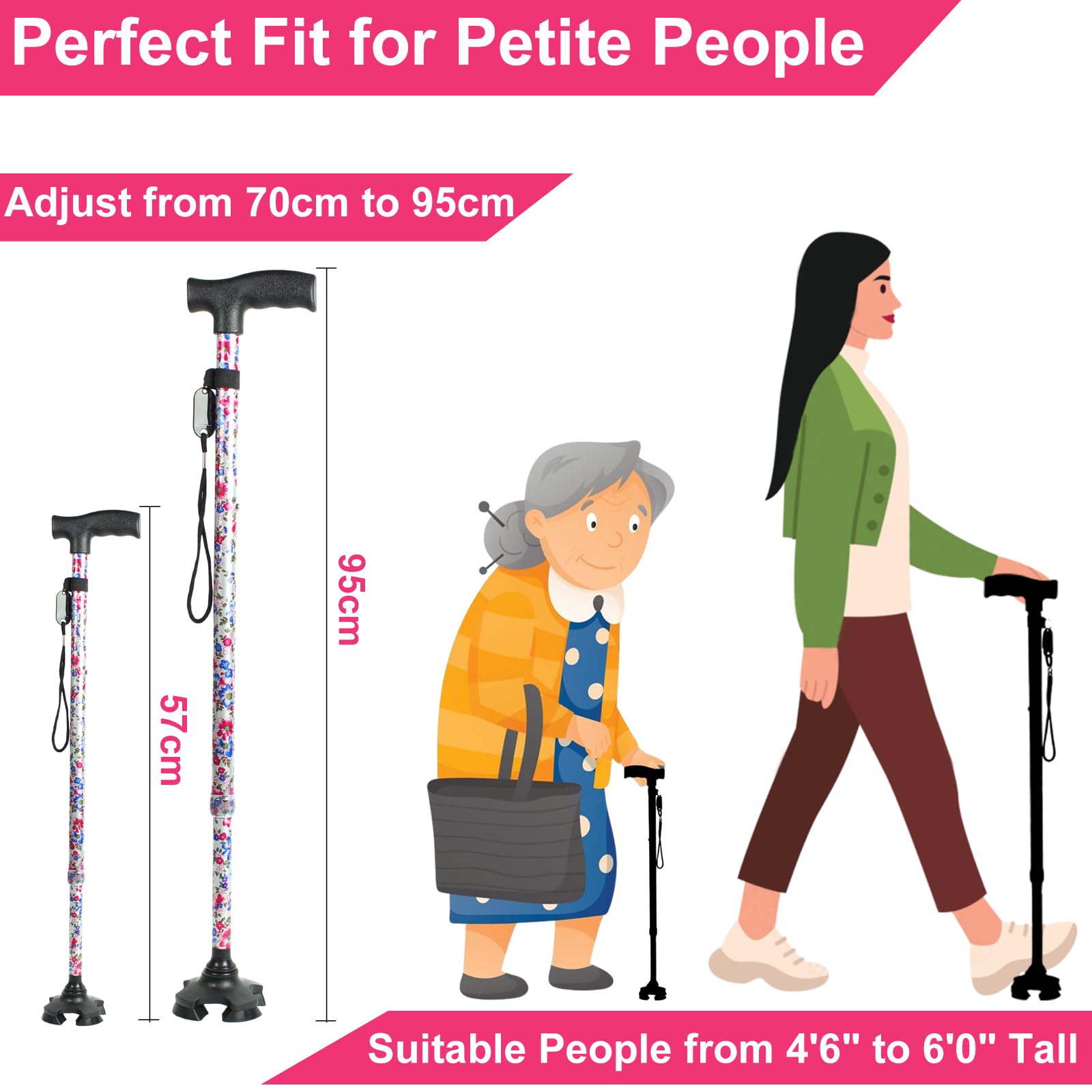 BeGrit Bastones para Mayores 57-95cm Bastón para Hombres y Mujeres Baston Anciano Portatil Mujer Autónomo Bastón Extensible para Caminar Ajustable Regulable Regalos para Personas Mayores y Adultos