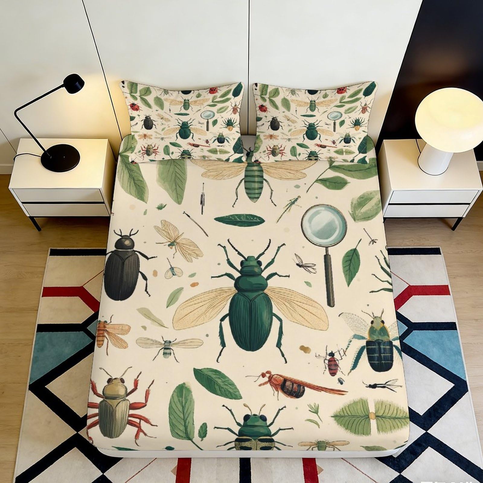 3D Printed Insect Illustration Fitted Sheet Microfiber Soft Beetle Botanical Mattress Cover for Bedroom Dorm Decor 90x200x25cm