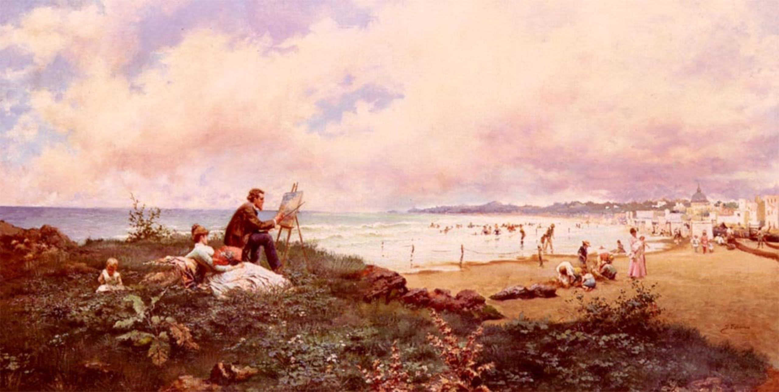 Artxlxxbn No Frame Famous Print Painting Colorful Art Print The Artist And His Family On The Beach At Biarritz By Jose Echena Canvas Art Decorations For Home Decor 60X90cm