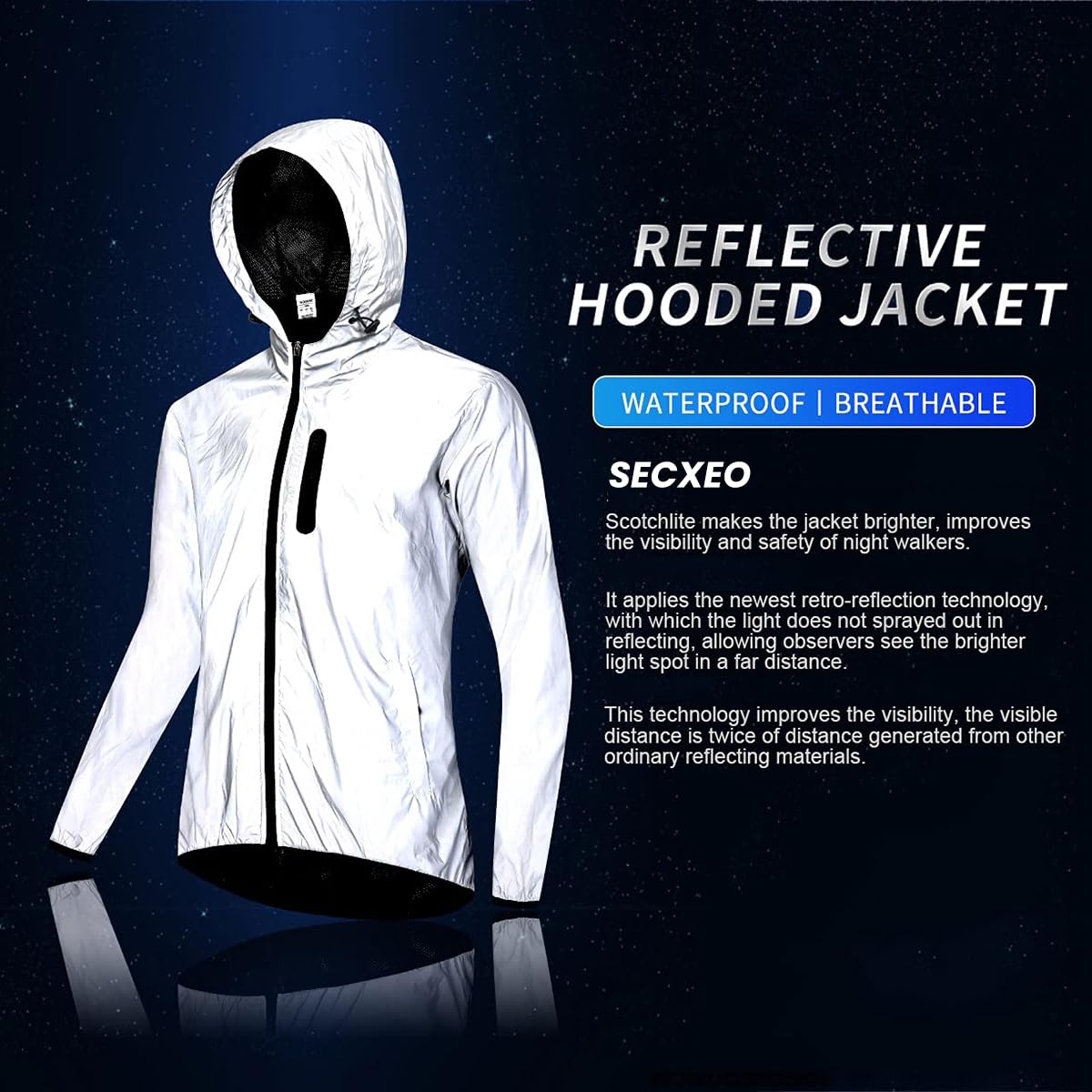 Veste Vélo Réfléchissant Femme Haute Visibilité Homme Imperméable avec Capuche Respirante Cycliste Coupe Vent pour Randonnée, Course, Camping