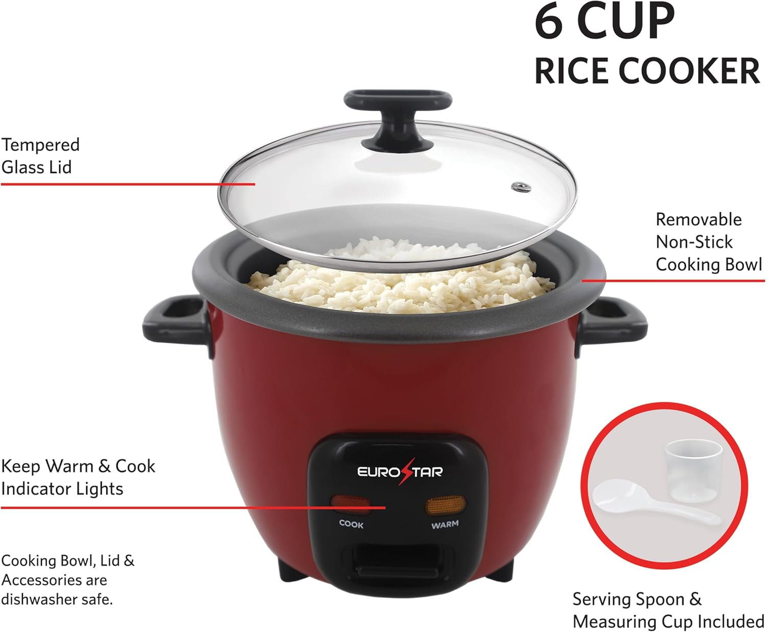EUROSTAR 6-Cup Rice Cooker, Red