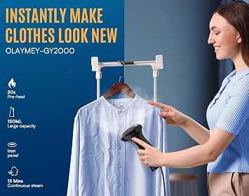 OLAYMEY Clothes Steamer Handheld 1600W, 25g Jet Steam, 30s Fast Heat | Portable Garment Steamer Iron, Removes Wrinkle and Odours, Detachable Water Tank 150ML, 360° Leak-Proof, Dry & Steam 2-in-1