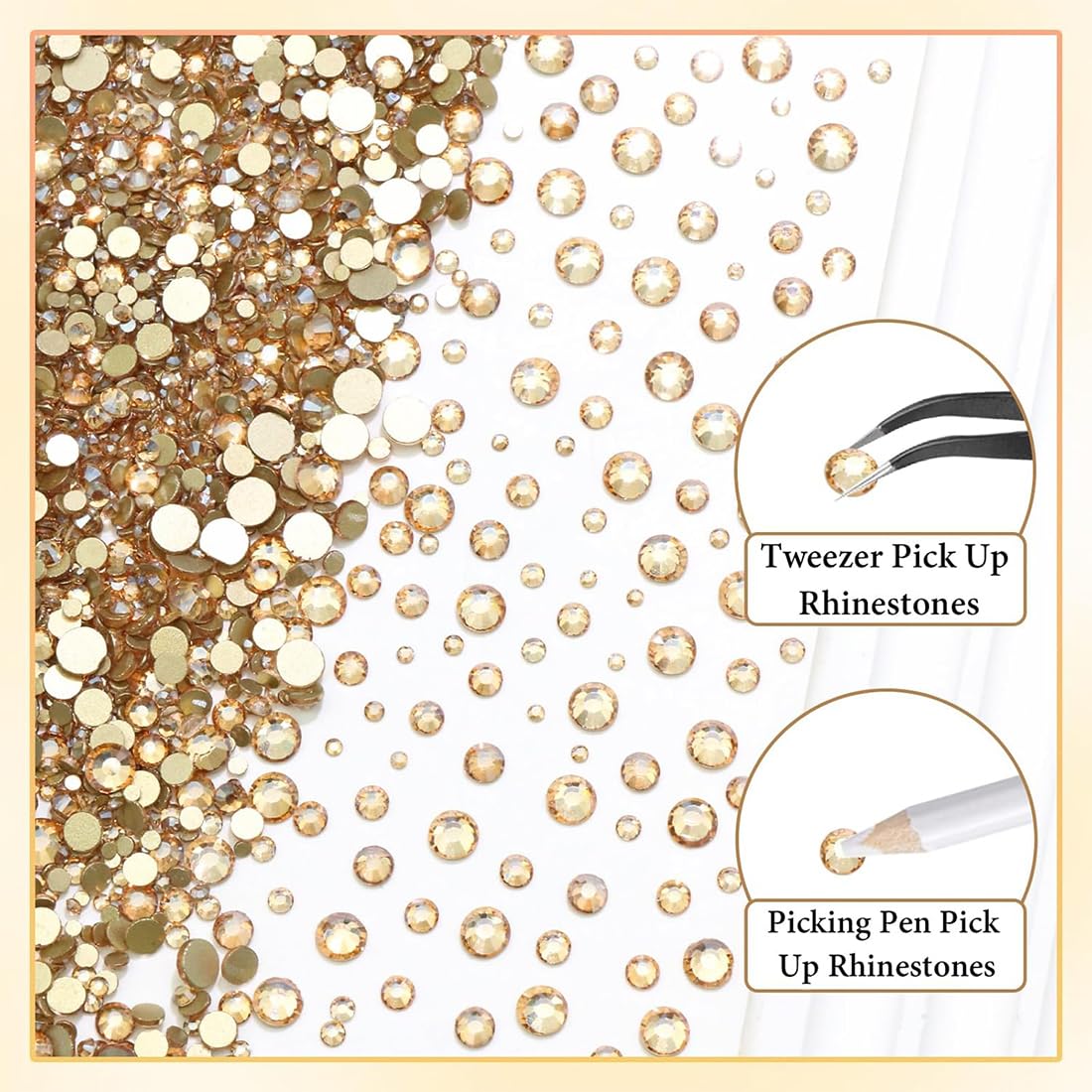 Strass Nail Art, 1440 x Gems à Dos Plat Rond Cristal Strass, 6 Tailles Strass Nail Art, avec Pincette Pick Up et Stylo Pointeur Strass pour Nail Art et la Décoration de Bijoux, Champagne doré